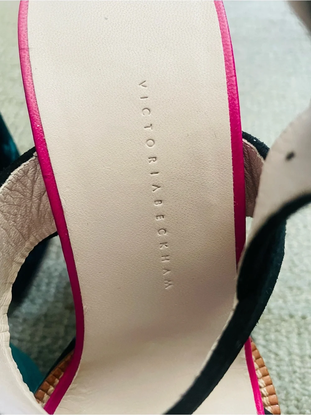 VICTORIA BECKHAM Green & Black Velvet Platform Sandals With Pink Accent